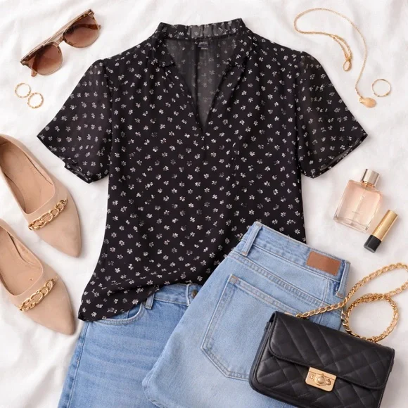 Ann Taylor | Black Floral Sheer Blouse | Short Sleeve | Size Small - Picture 2 of 6